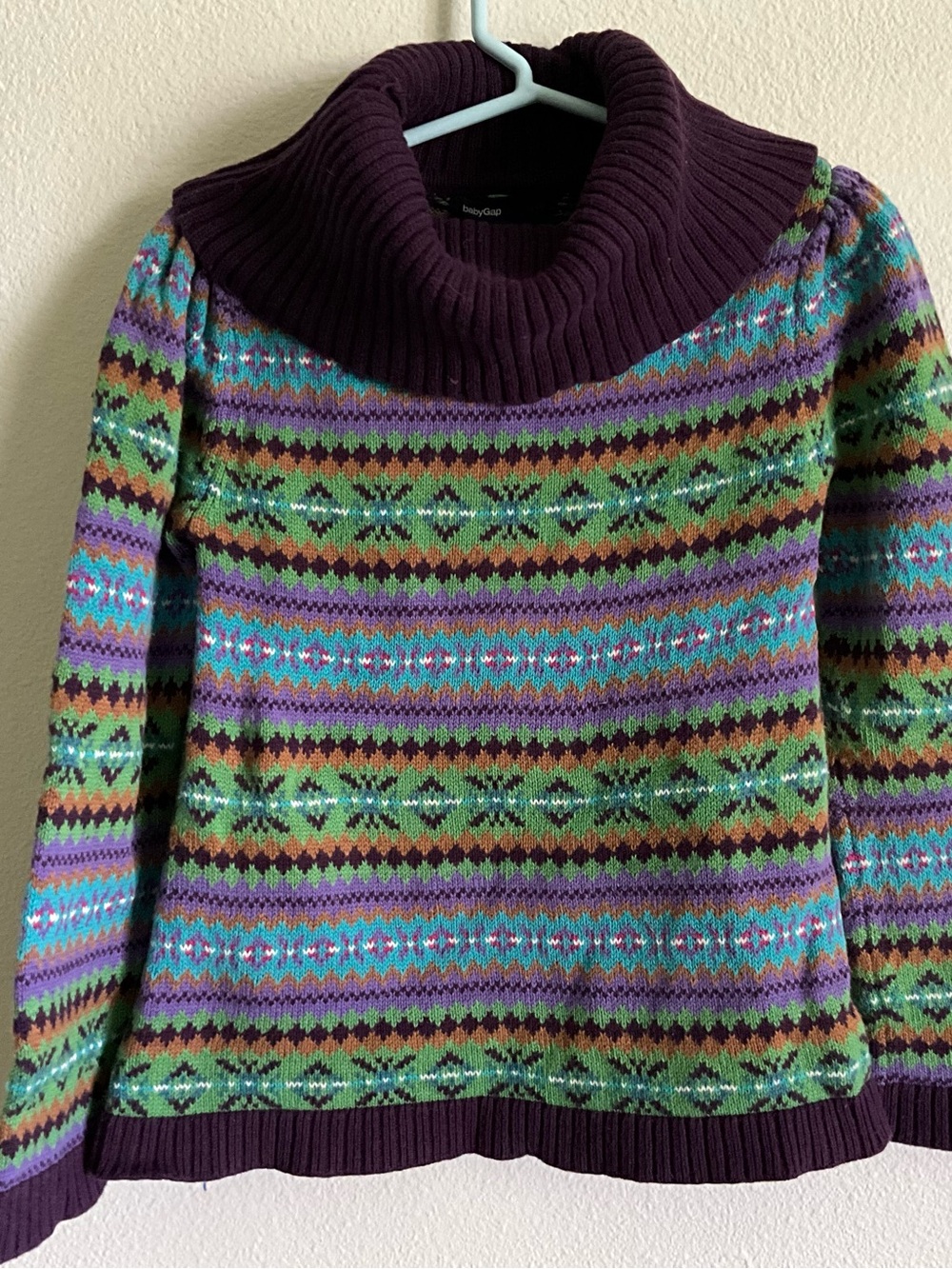 Vintage baby GAP Purple green blue Cowl Neck Fair Isle Sweater 5T